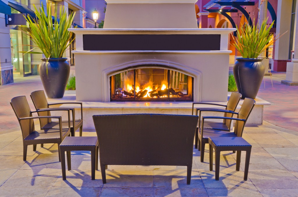 patio with fireplace